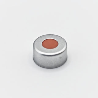 Single silver 11 mm open-top crimp cap with red-orange septum