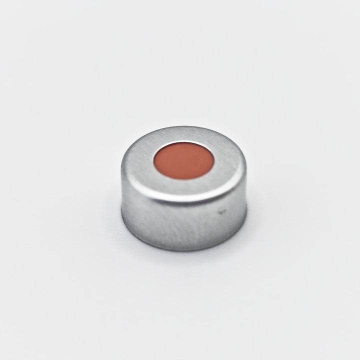 Single silver 11 mm open-top crimp cap with red-orange septum