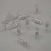 Group of clear 2 mL screw autosampler vials with printed label areas