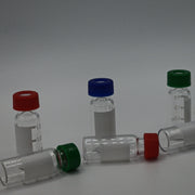 Clear 2 mL 9-425 autosampler vials shown with compatible coloured screw caps