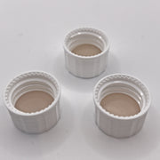 White 18-400 screw caps showing threaded interiors and PTFE/silicone septa