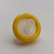 Top view of a yellow 13 mm nylon syringe filter with polypropylene housing