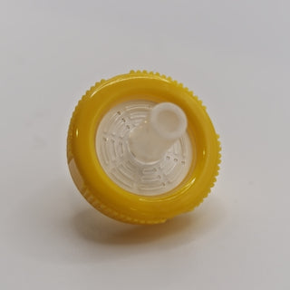 Top view of a yellow 13 mm nylon syringe filter with polypropylene housing