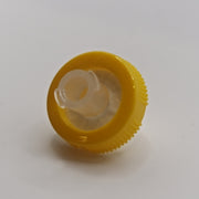 Close-up of the inlet connection on a yellow 13 mm nylon syringe filter