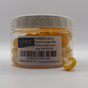 Pack of 100 yellow 13 mm nylon syringe filters with 0.45 µm membranes