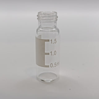 Clear 2 mL 9-425 screw autosampler vial with printed volume markings and label area