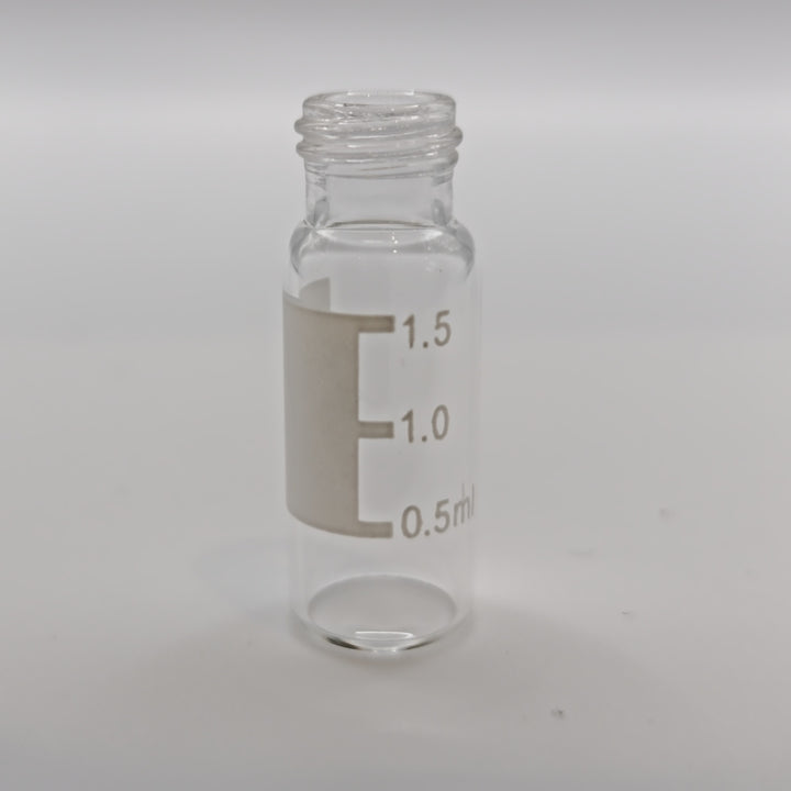 Clear 2 mL 9-425 screw autosampler vial with printed volume markings and label area