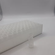 Clear graduated 2 mL polypropylene screw vial beside a storage tray of vials