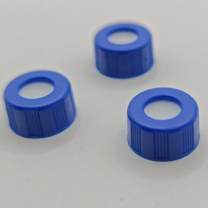 Three blue 9-425 open-top ribbed screw caps with white silicone septum surfaces