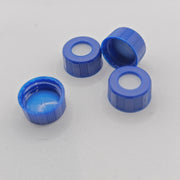 Blue 9-425 screw caps showing line-slit PTFE/silicone septa and threaded interiors