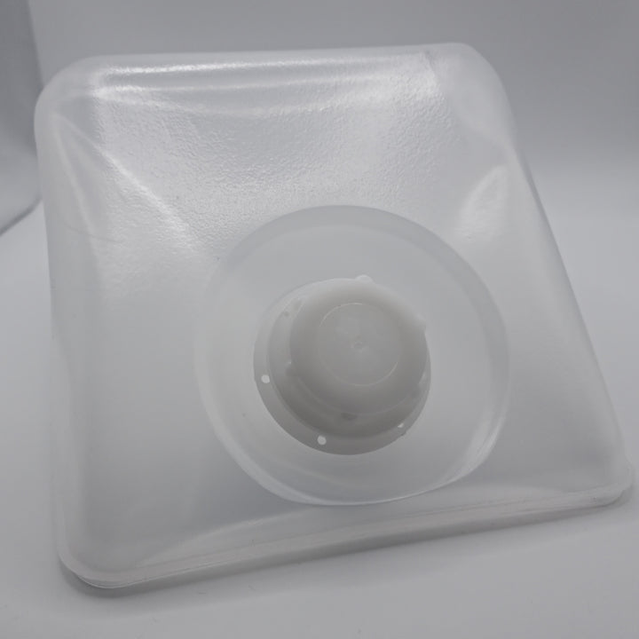 Front view of a natural translucent 5 L collapsible LDPE sampling cubitainer