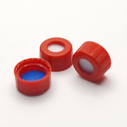 Group of red 9-425 screw caps showing blue PTFE/white silicone pre-slit septa
