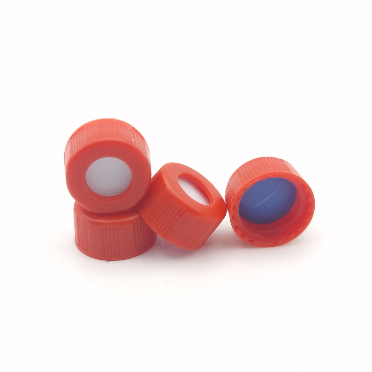 Red 9-425 screw caps with blue PTFE/white silicone pre-slit septa