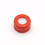 Single red 9-425 open-top ribbed screw cap with white septum surface