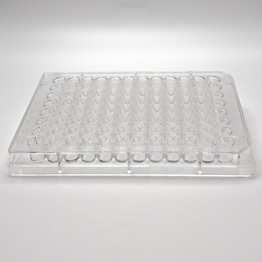 Side view of a clear 96-well cell culture plate showing the well depth