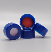 Blue 9-425 screw caps showing red PTFE/white silicone septa