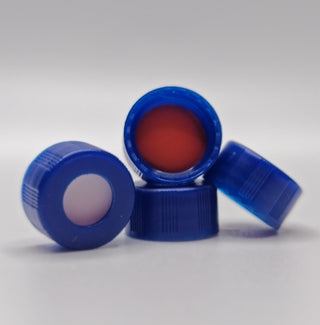 Blue 9-425 screw caps showing red PTFE/white silicone septa