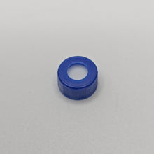 Blue 9-425 Open Top Ribbed Screw Caps with Red PTFE/White Silicone Septa