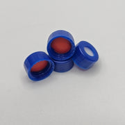 Group of blue 9-425 screw caps with red PTFE/white silicone septa