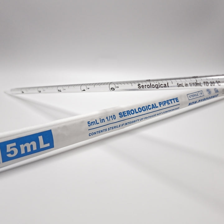 5 mL sterile serological pipette with blue markings and individual wrapper