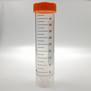 Single 50 mL self-standing centrifuge tube with orange cap, graduations and writing area