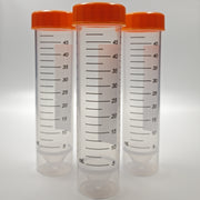 Three 50 mL sterile self-standing centrifuge tubes with orange screw caps