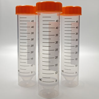 Three 50 mL sterile self-standing centrifuge tubes with orange screw caps
