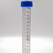 Upright clear 15 mL sterile centrifuge tube with graduations and blue flat-top cap