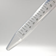 Close-up of printed graduations on a clear 15 mL conical centrifuge tube