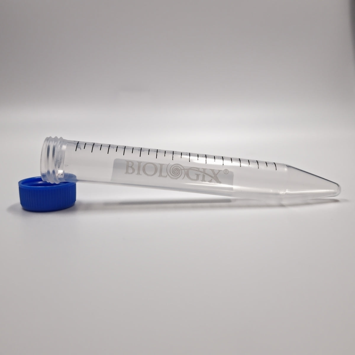 Clear 15 mL sterile conical centrifuge tube with blue flat-top screw cap