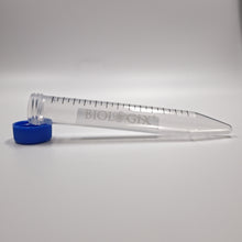Clear 15 mL sterile conical centrifuge tube with blue flat-top screw cap
