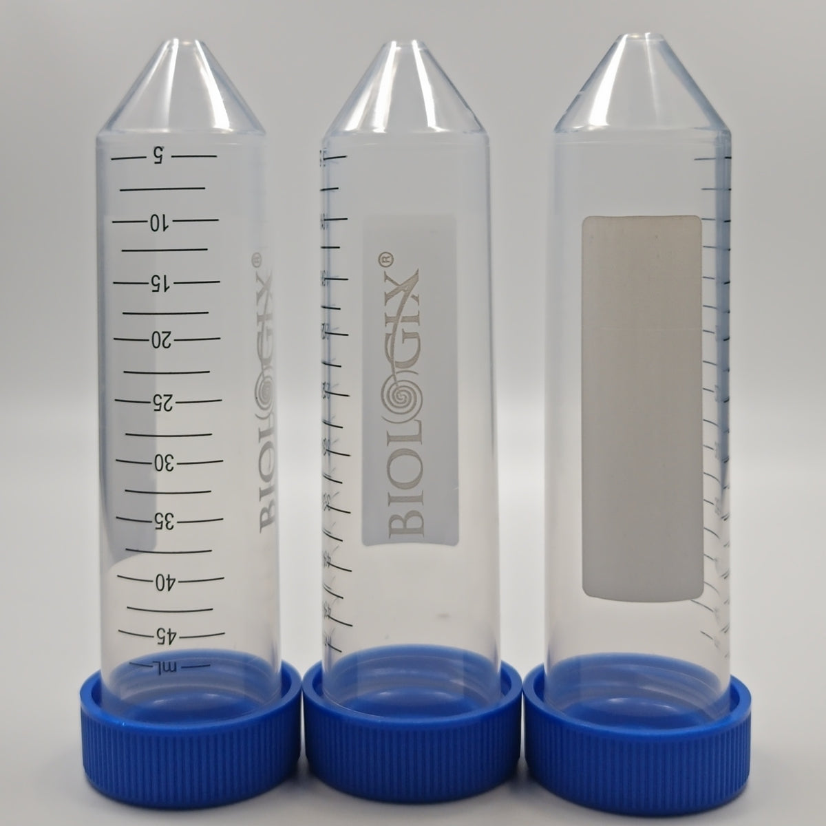 Three clear 50 mL sterile conical centrifuge tubes with blue plug-seal screw caps