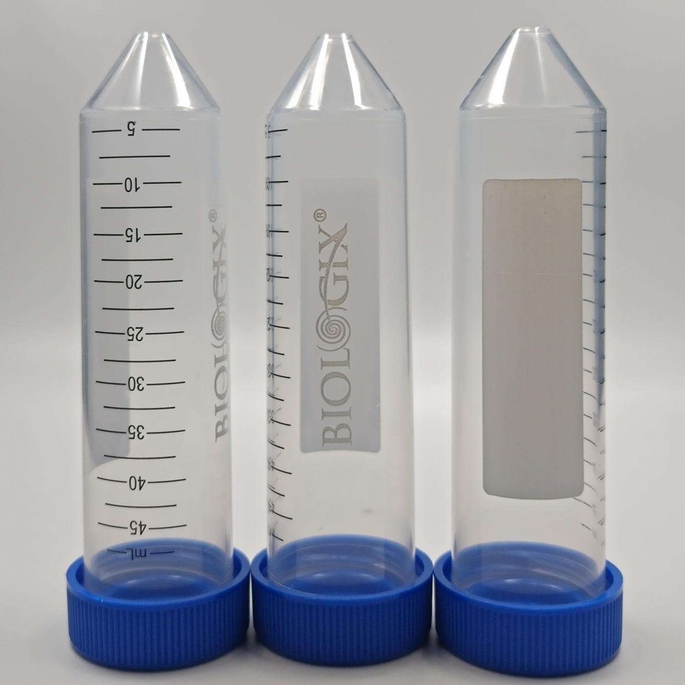 Three clear 50 mL sterile conical centrifuge tubes with blue plug-seal screw caps