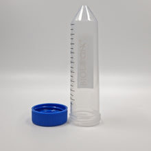 Clear 50 mL conical centrifuge tube with graduations, writing area and blue screw cap