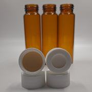 Three amber EPA/TOC vials with white open-top caps and PTFE/silicone septa