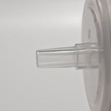 Close-up of the outlet connection on a clear 25 mm syringe filter