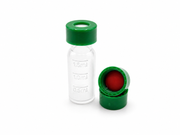 Clear graduated vial fitted with a green 9-425 screw cap and matching septum