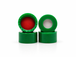 Green 9-425 screw caps showing red PTFE/white silicone septum surfaces