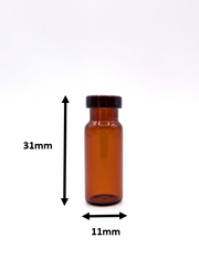Dimensional view of a 2 mL amber autosampler vial measuring 11 × 31 mm