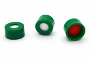 Green 9-425 open-top screw caps showing red PTFE/white silicone pre-slit septa