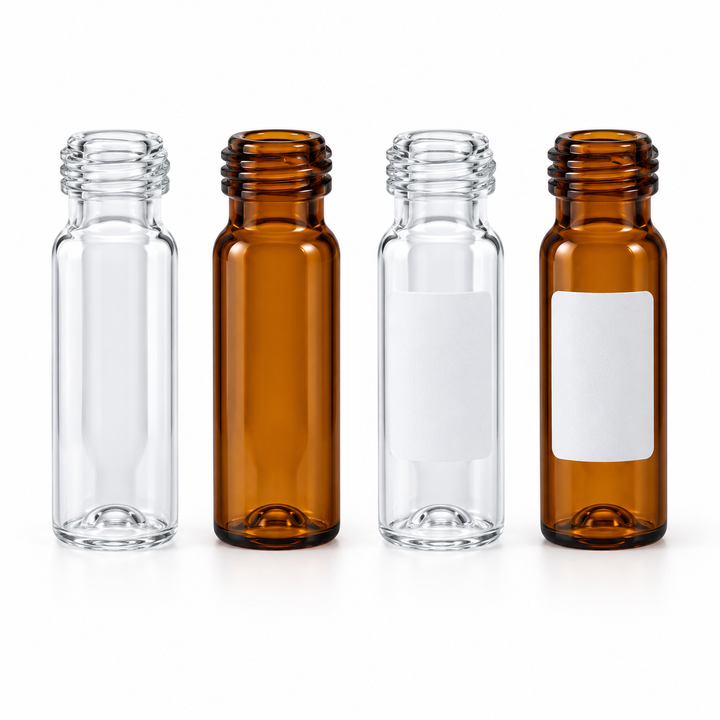 Clear and amber 0.2 mL glass 9-425 micro-vials with and without write-on patches