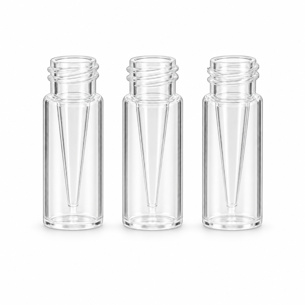 Transparent 0.3 mL TPX short-thread micro-vials with conical internal inserts