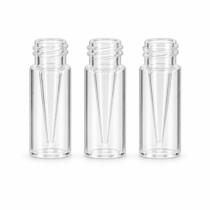 Transparent 0.3 mL TPX short-thread micro-vials with conical internal inserts