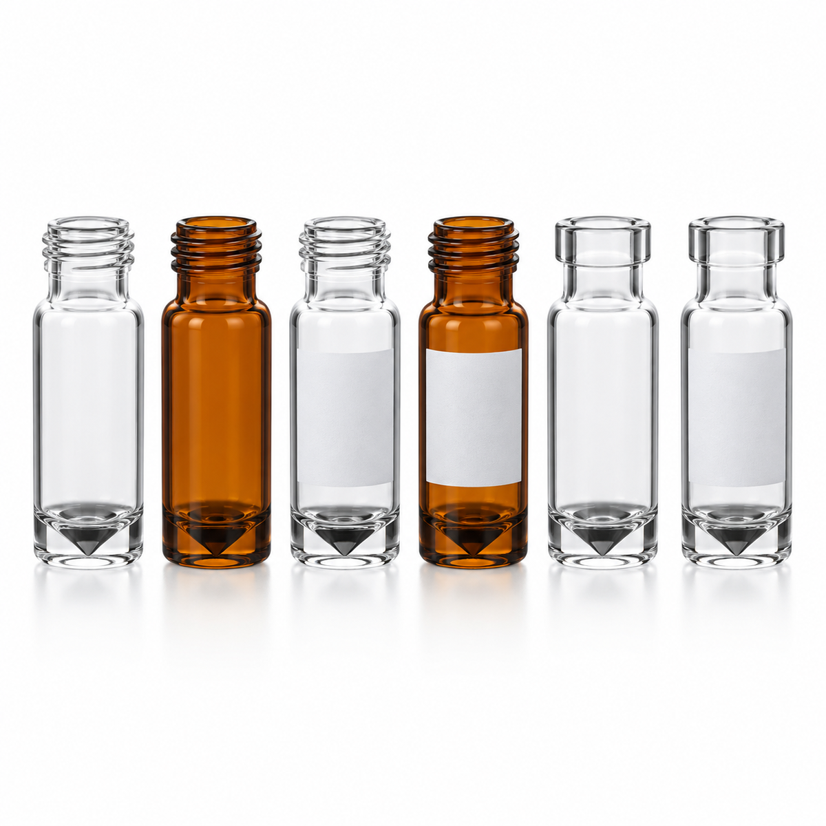 Clear and amber 1.5 mL high-recovery glass vials with screw-thread and crimp necks