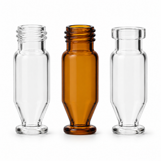 Clear and amber 1.5 mL high-recovery champagne vials with screw-thread and crimp necks