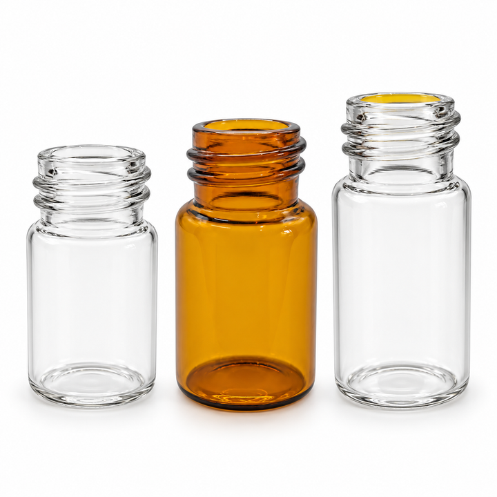 18-400 Glass Sample Vials, 10mL, 15mL and 16mL on a clean white background