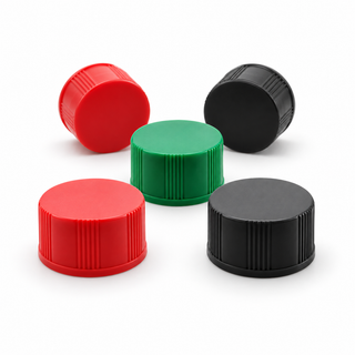 13-425 Closed-Top PP Caps with Septa, Red, Green and Black, 100pcs/pk on a clean white background