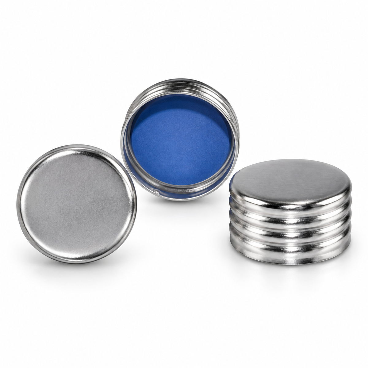 Silver 18 mm closed-top metal caps with blue PTFE and white silicone septa