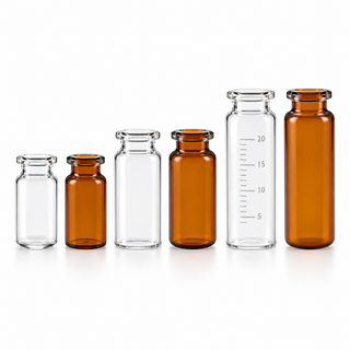 Clear and amber beveled-edge 20 mm crimp headspace vials in 6 mL to 20 mL sizes