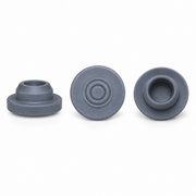 20 mm molded grey butyl injection stoppers shown from three angles